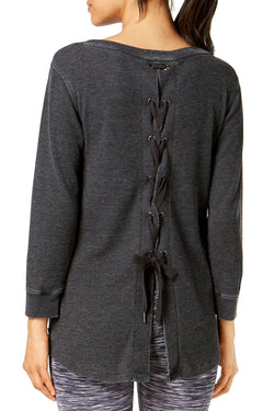 Calvin Klein Performance Slate Heather 3/4-Sleeve Lace-Up Back Top thumbnail 2