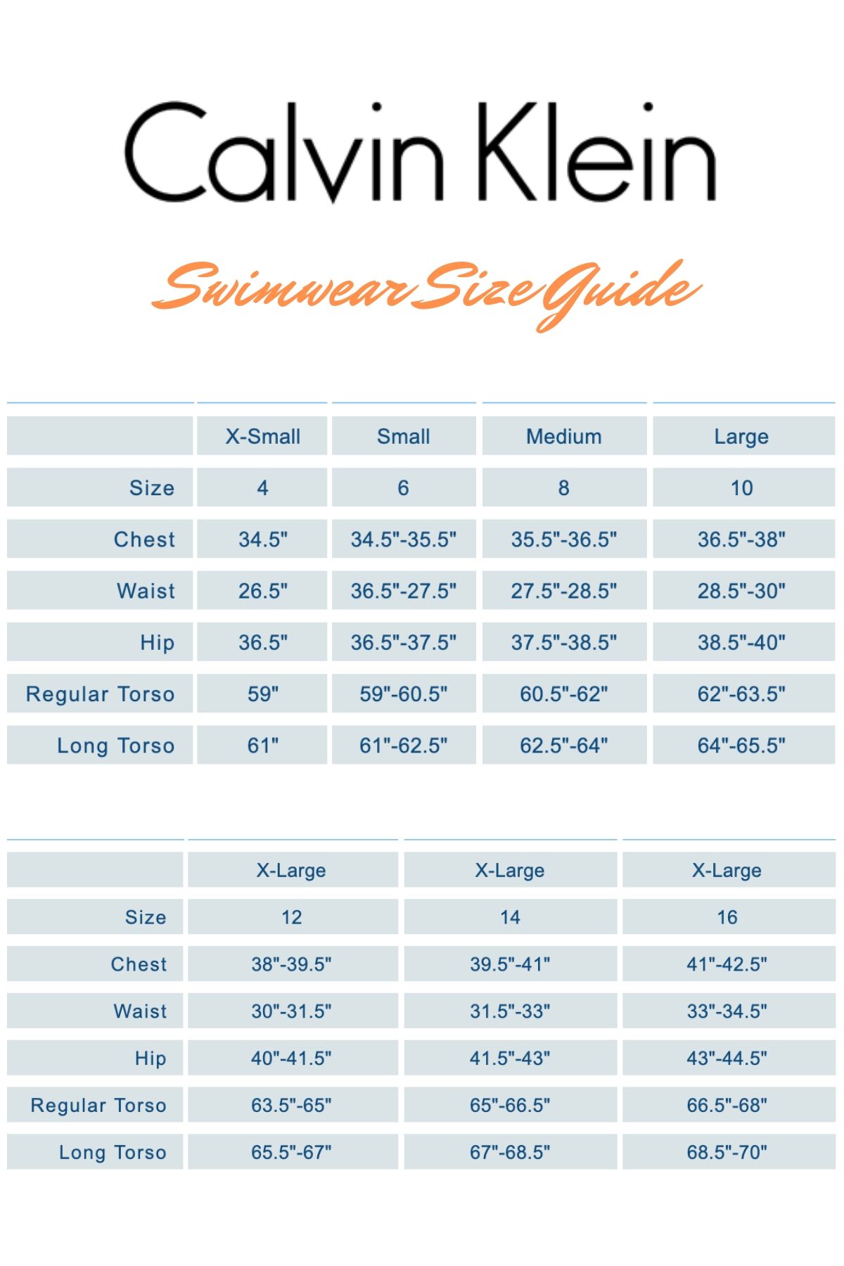 calvin klein swimwear size chart