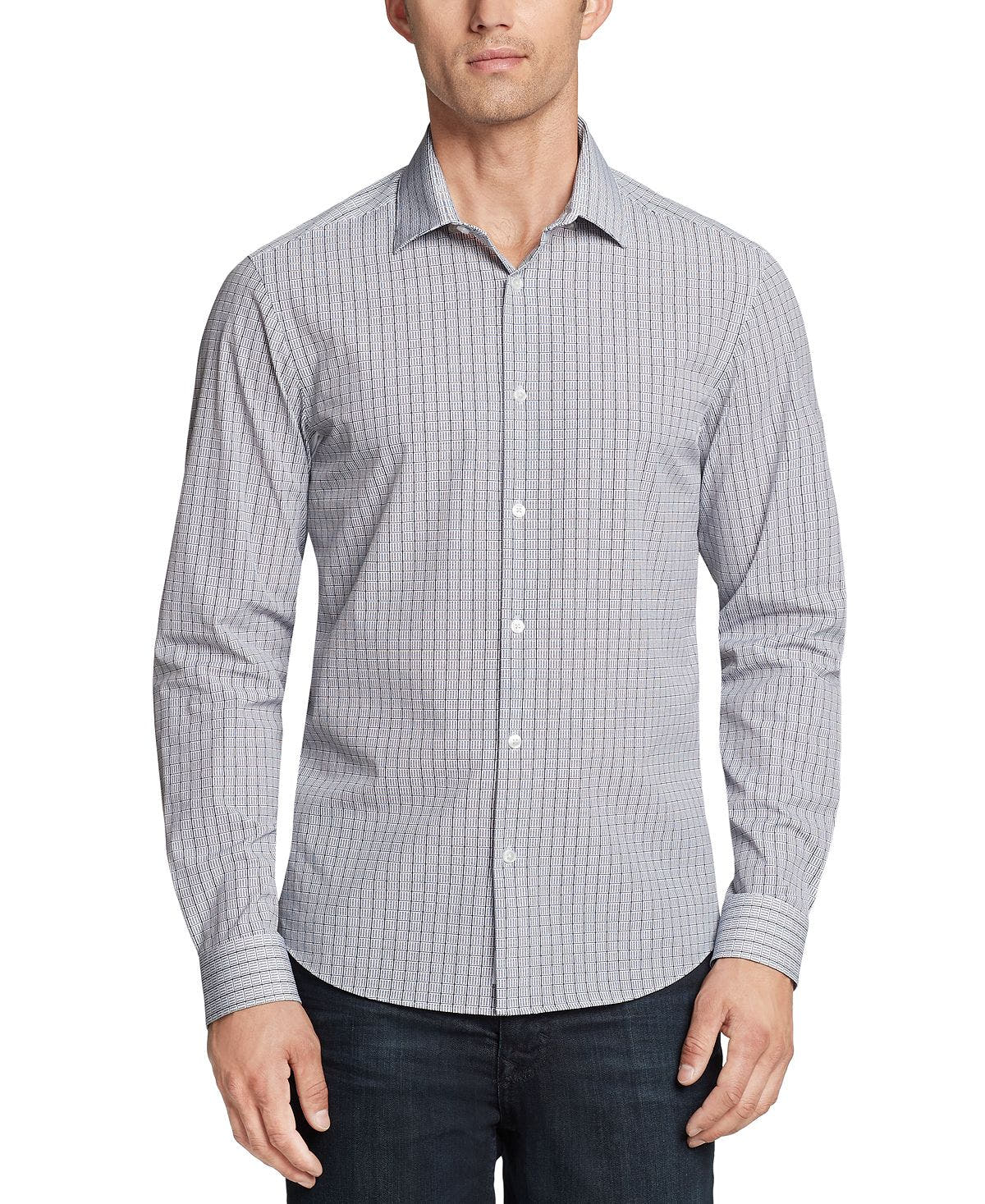 Calvin Klein Slim-fit Performance Stretch Shorter Length Geometric Print Dress Shirt Navy