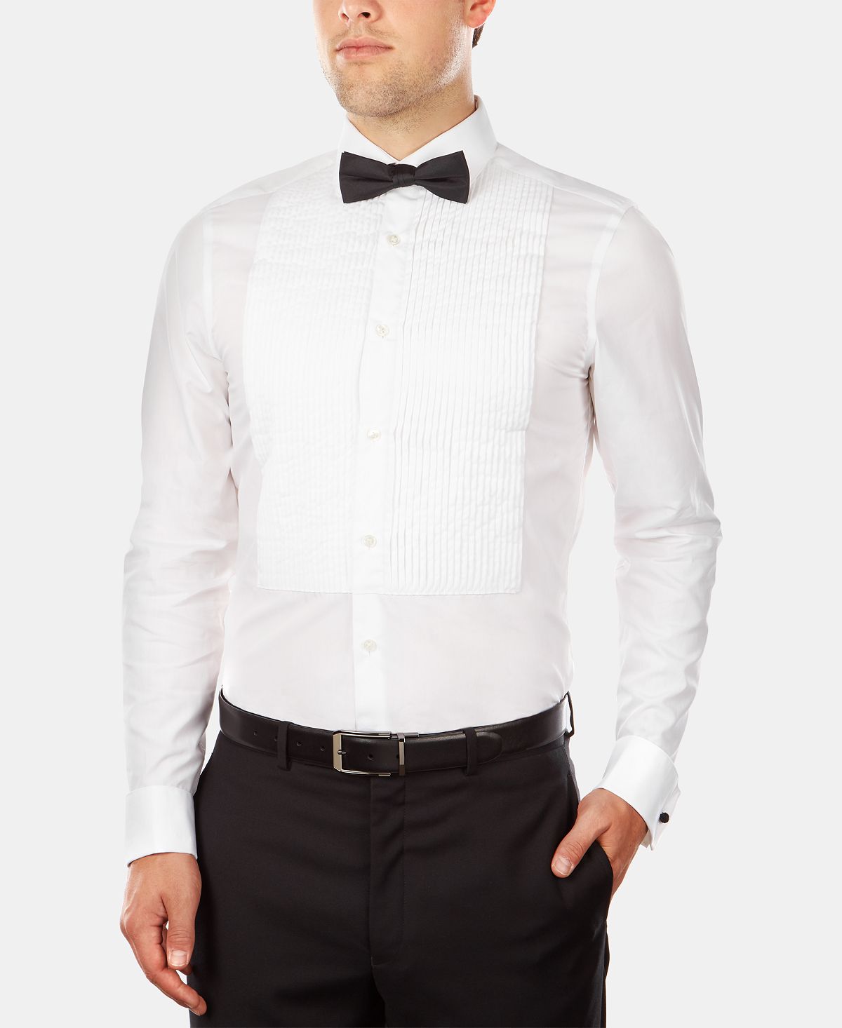 Calvin Klein Slim-fit Solid French Cuff Dress Shirt & Pre-tied Solid Bow Tie Set White