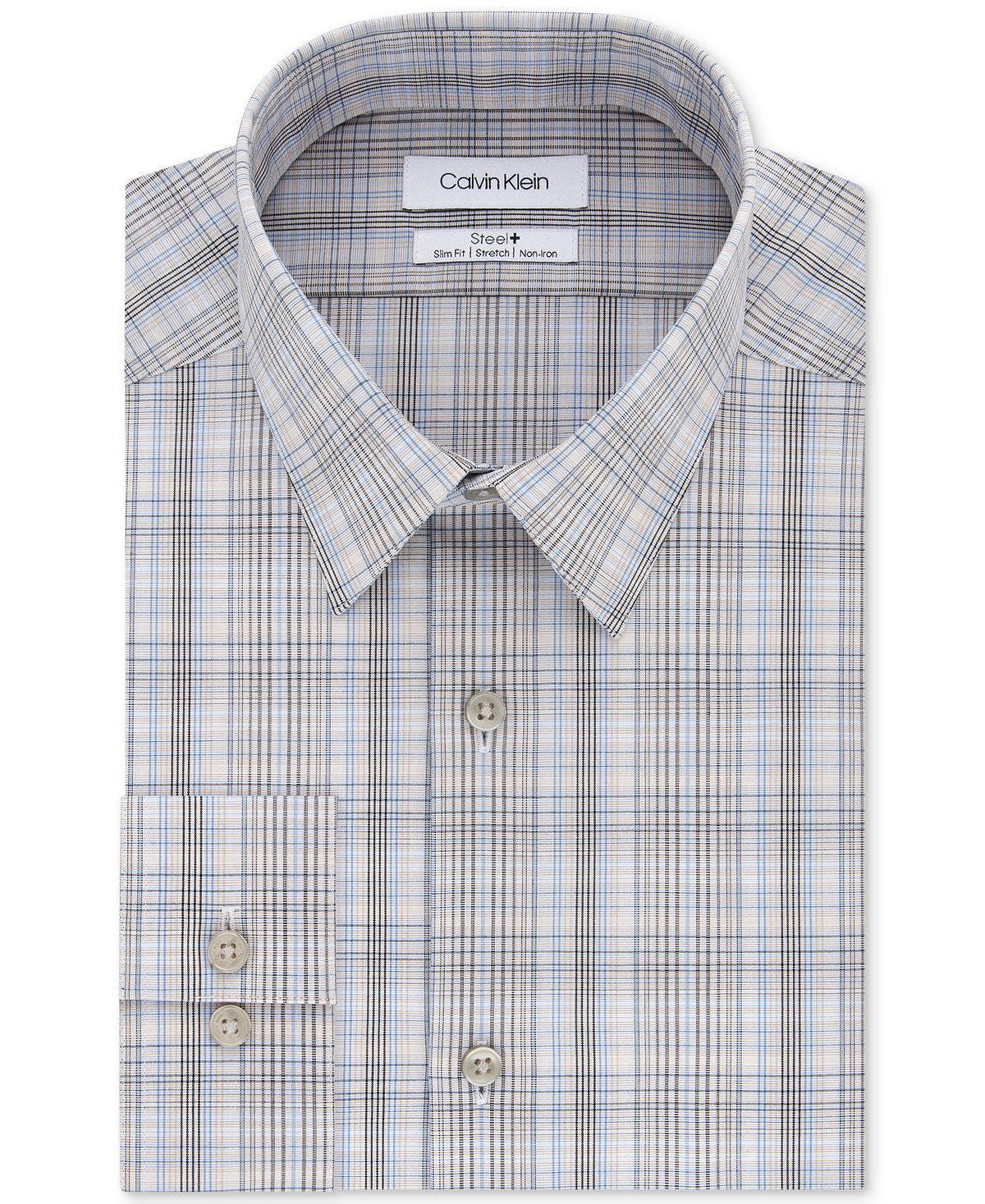 Calvin Klein Slim-fit Stretch Performance Plaid Dress Shirt Beige Multi
