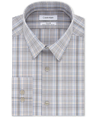 Calvin Klein Slim-fit Stretch Performance Plaid Dress Shirt Beige Multi