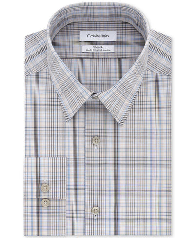 Calvin Klein Slim-fit Stretch Performance Plaid Dress Shirt Beige Multi
