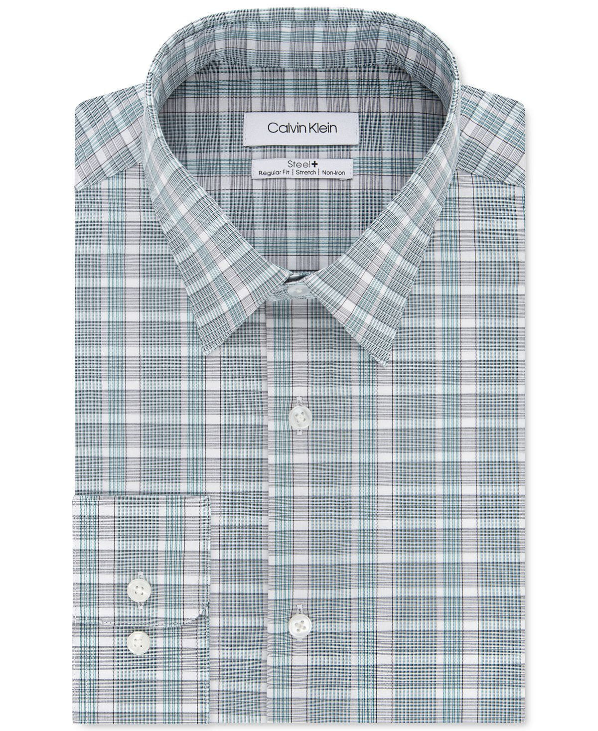 Calvin Klein Steel Classic/regular-fit Non-iron Performance Stretch Green Check Dress Shirt Green Multi