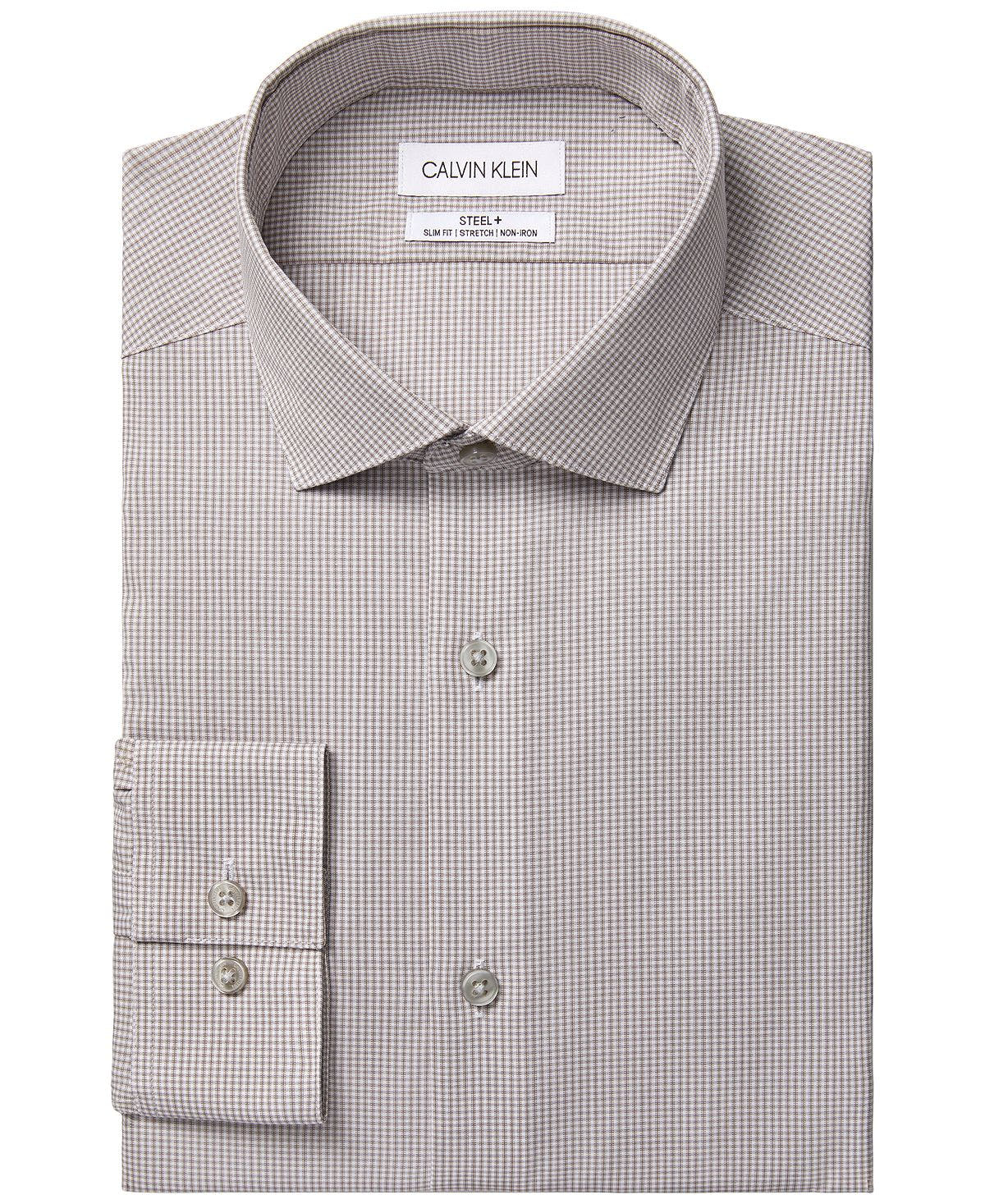 Calvin Klein Steel Slim-fit Non-iron Performance Stretch Modern Check Dress Shirt Taupe