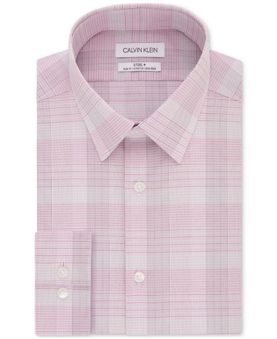 Calvin Klein Steel Slim-fit Non-iron Performance Stretch Purple Check Dress Shirt Pink Multi