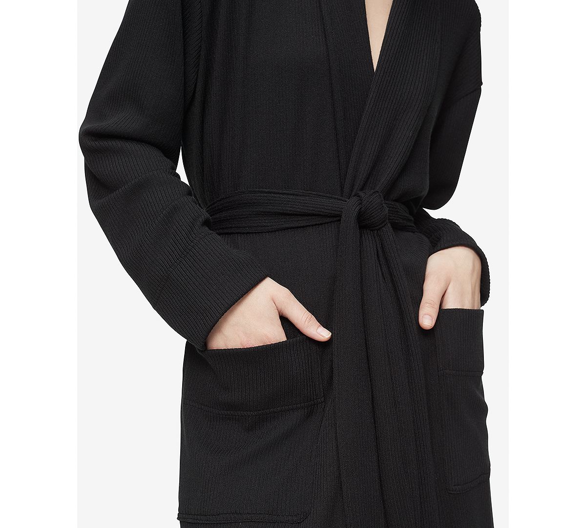 Calvin Klein Wo Wide-ribbed Knit Ease Wrap Robe Black