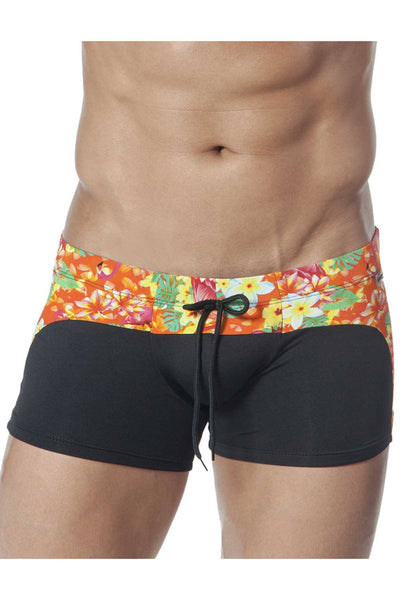 Candyman Black/Tropical-Flowers Color-Block Swim Trunk