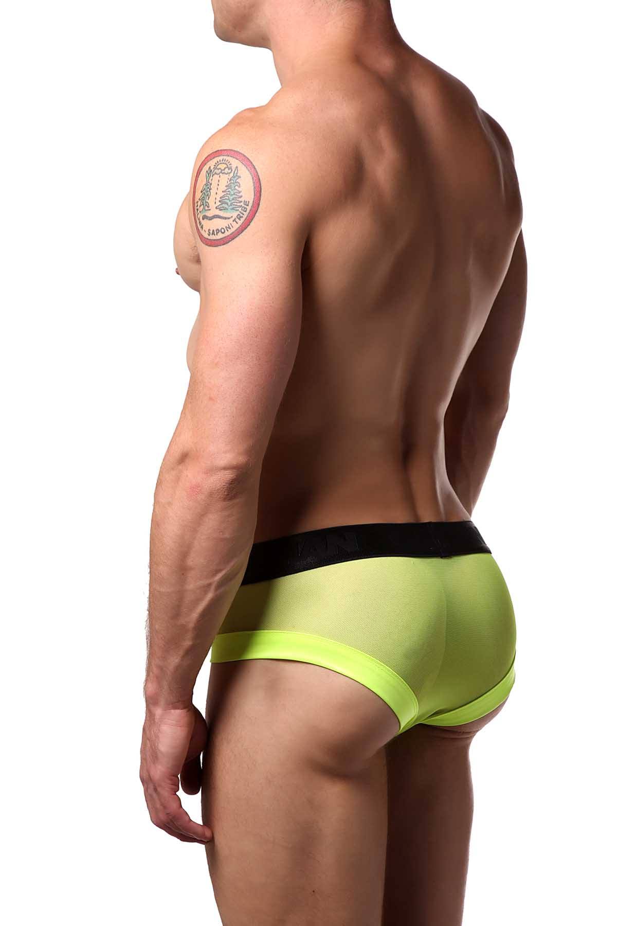 Candyman Neon-Yellow Sheer/Wet-Look Brief