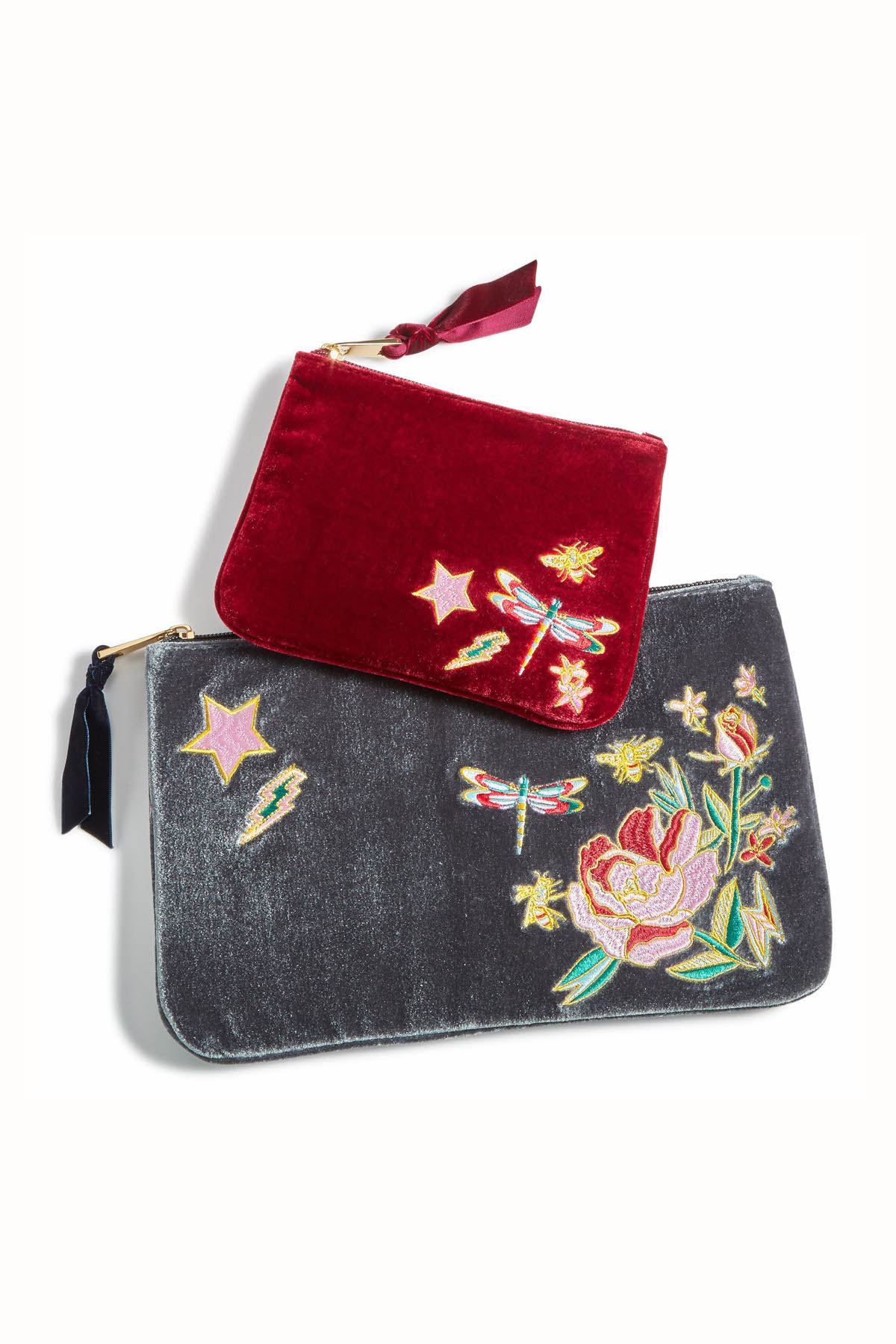 Celebrate Shop Charcoal/Maroon Embroidered Velvet Cosmetic Pouch 2-Pack