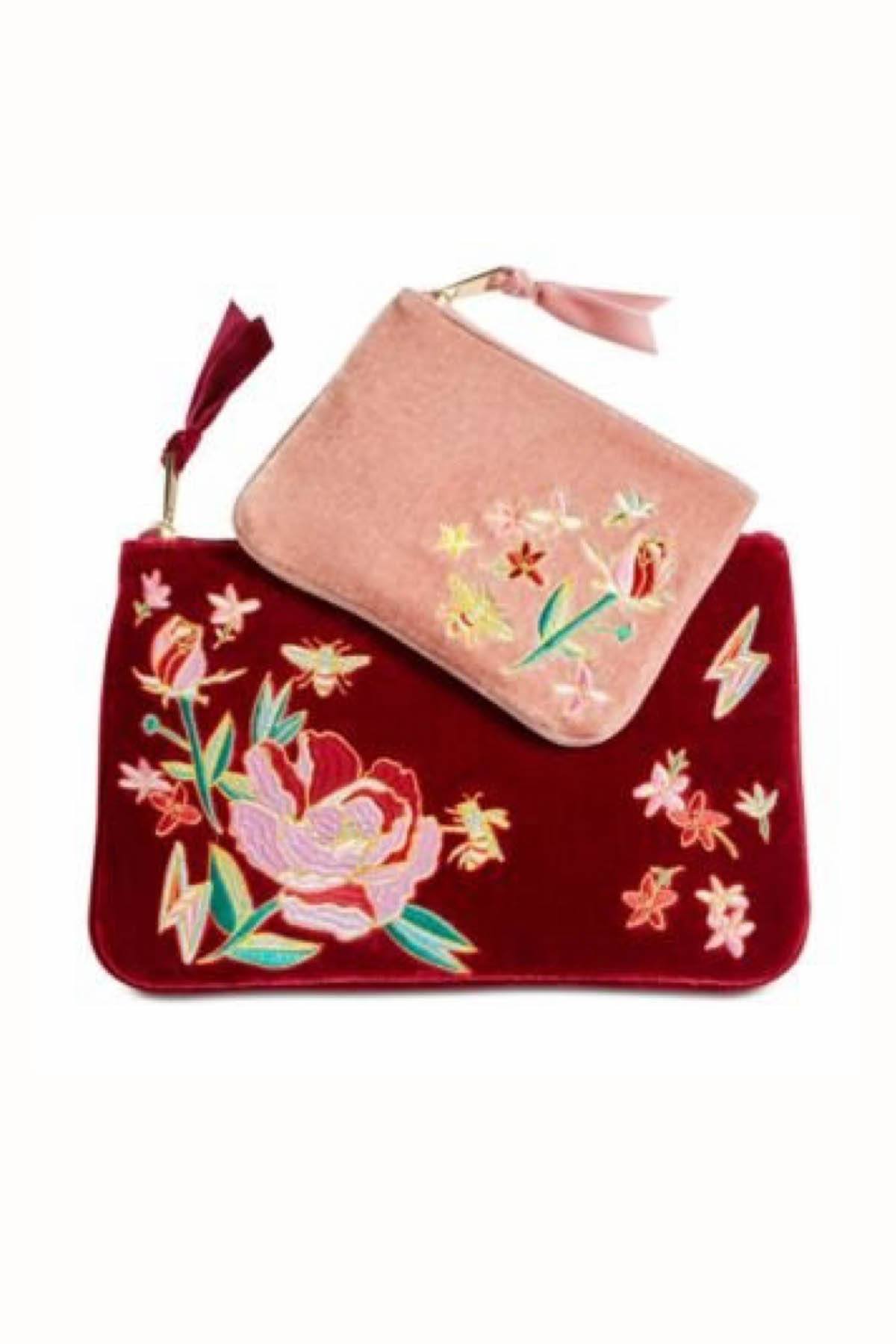 Celebrate Shop Maroon/Rose Embroidered Velvet Cosmetic Case 2-Pack