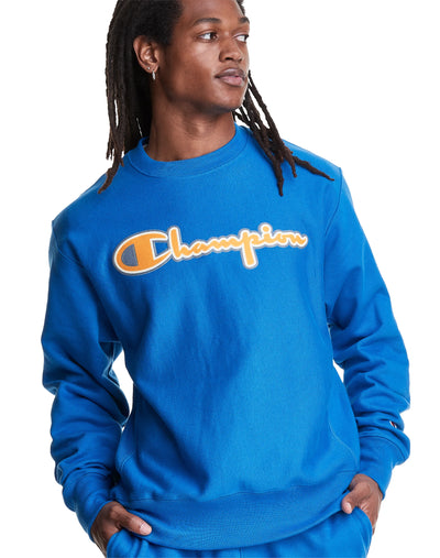 Champion Men's Reverse Weave Crew, Script Logo Applique Blue