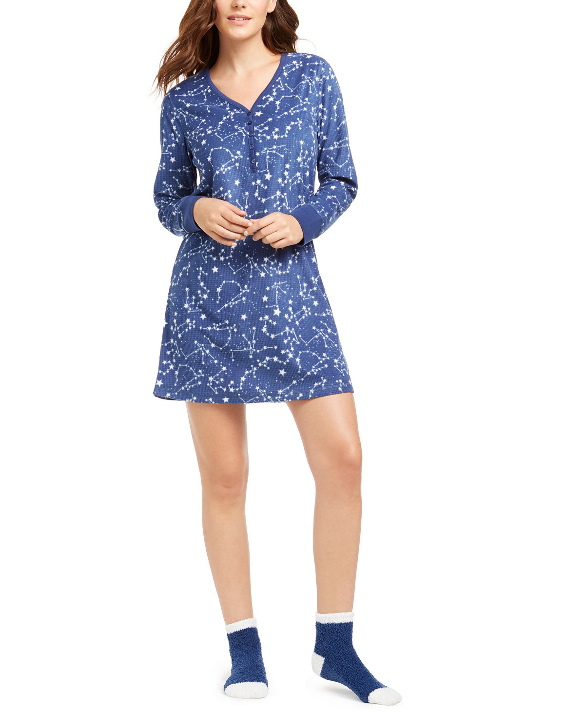 Charter Club Cozy Fleece Waffle Knit Sleepshirt Nightgown & Socks Set Celestial Stars