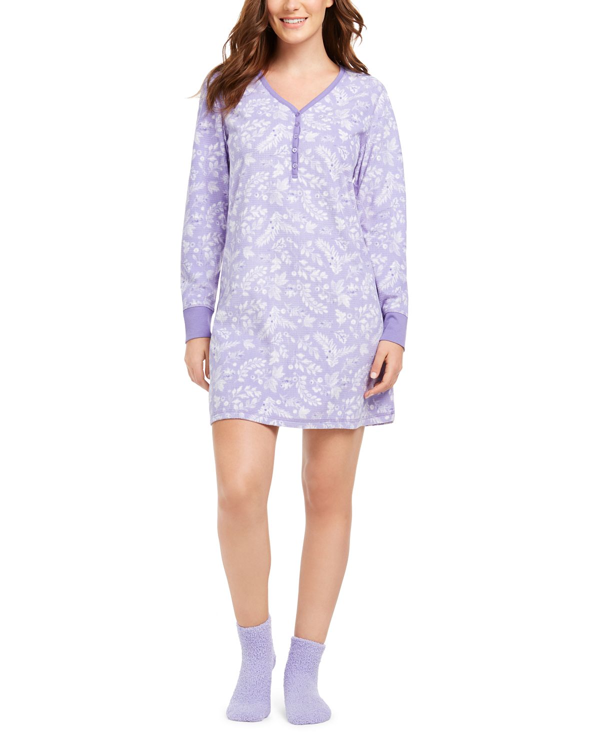 Charter Club Cozy Fleece Waffle Knit Sleepshirt Nightgown & Socks Set Forest Leaves