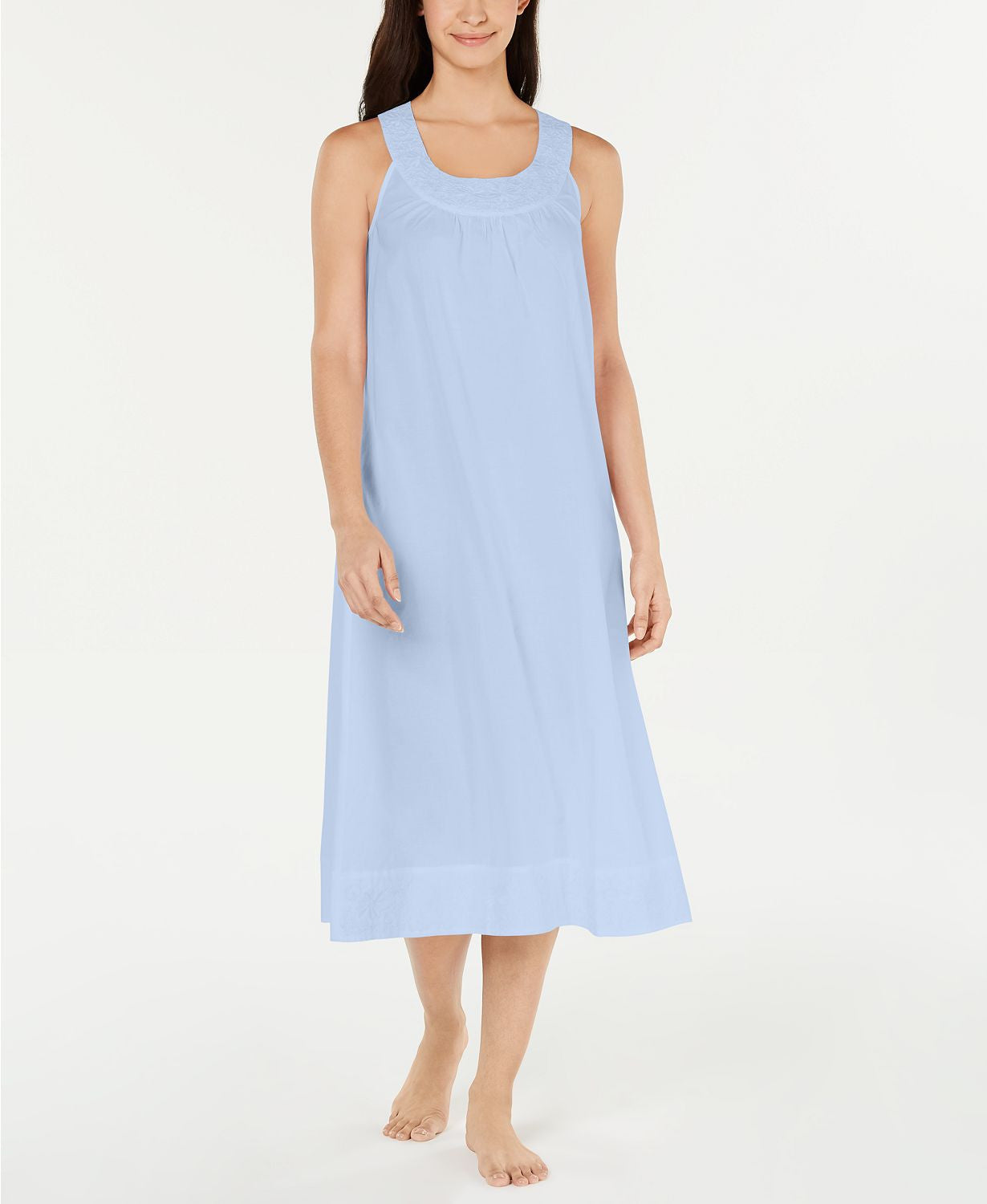 Charter Club Embroidery Detail Long Woven Cotton Nightgown in Misty Morning