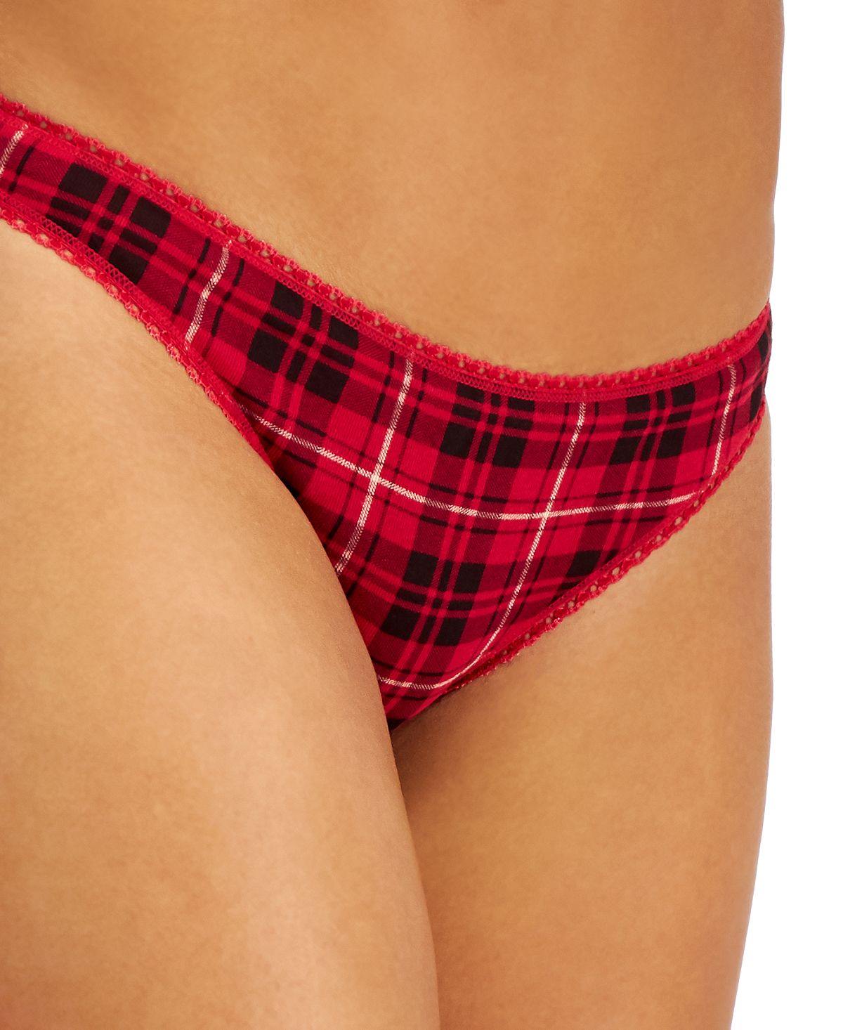 Charter Club Everyday Cotton Wo Lace-trim Thong Plaid Candy Red