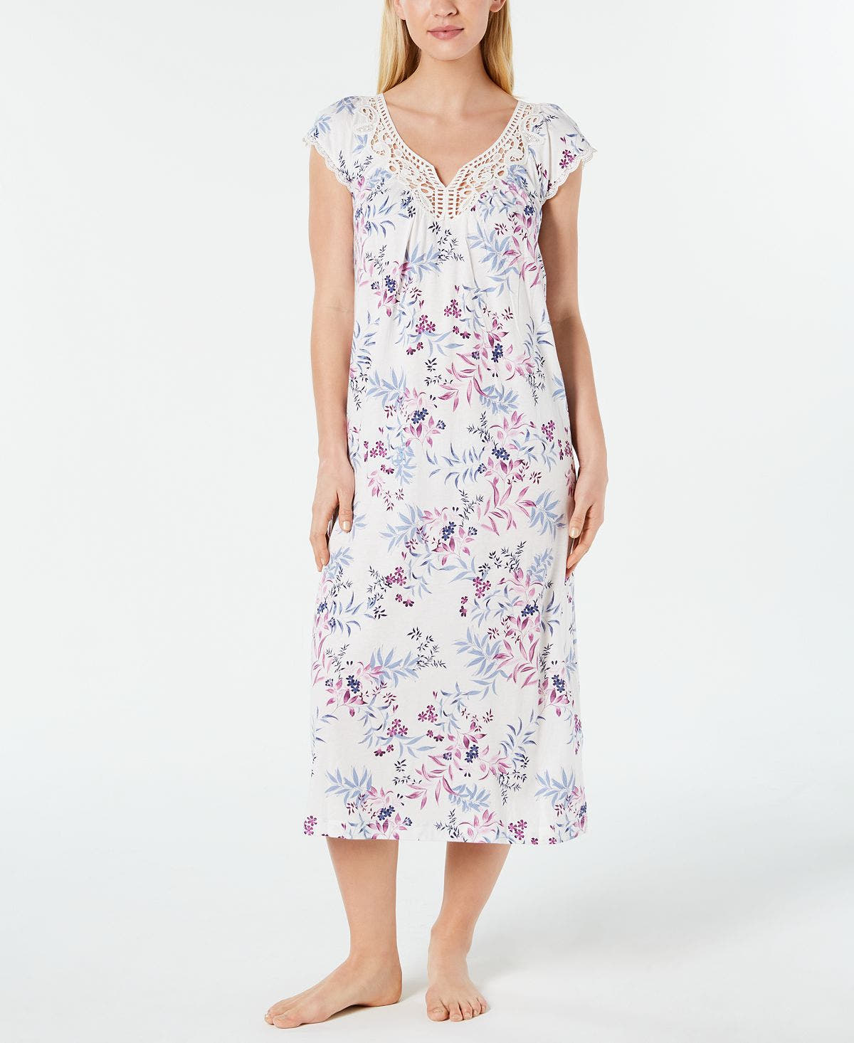 Charter Club Flutter-sleeve Soft Knit Nightgown Leafy Botanical