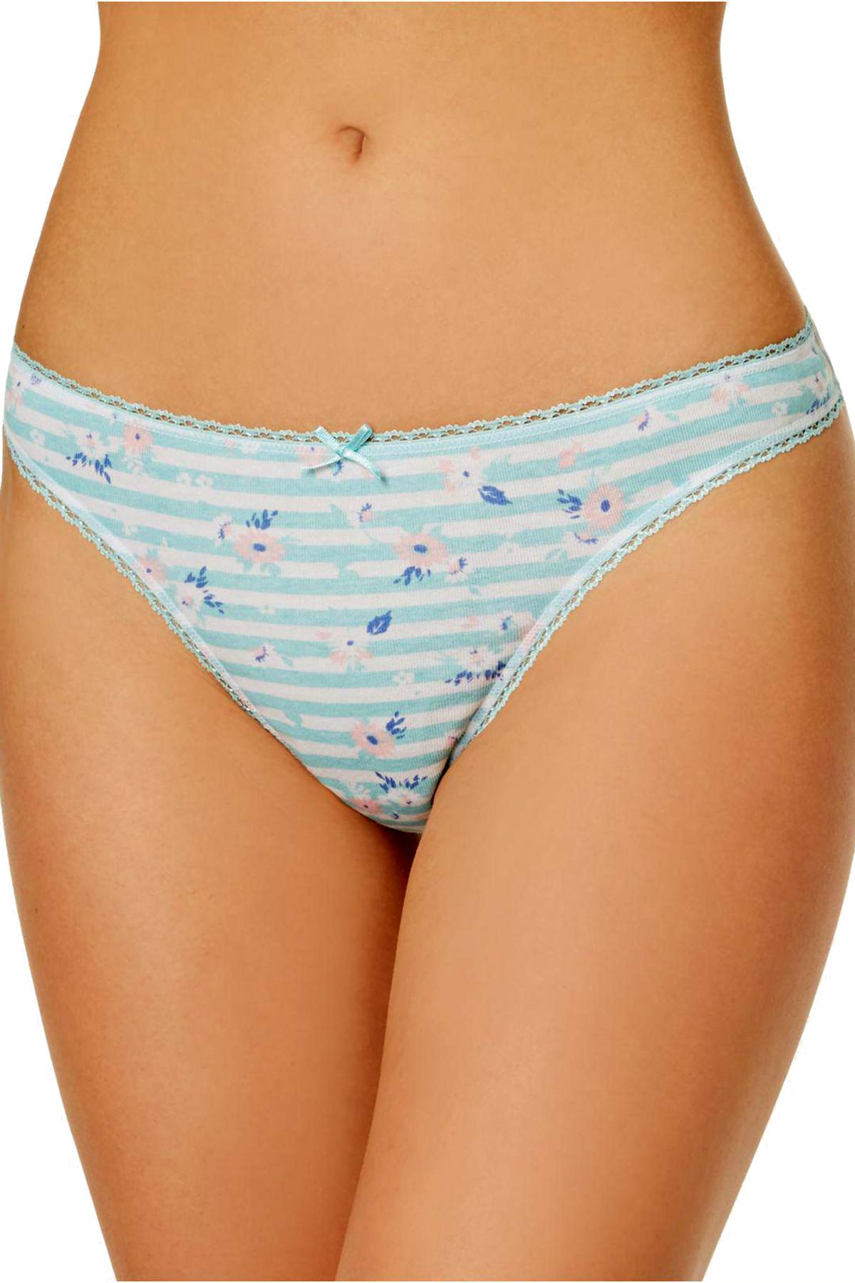 Charter Club Intimates Aqua Floral Stripe Pretty Cotton Thong