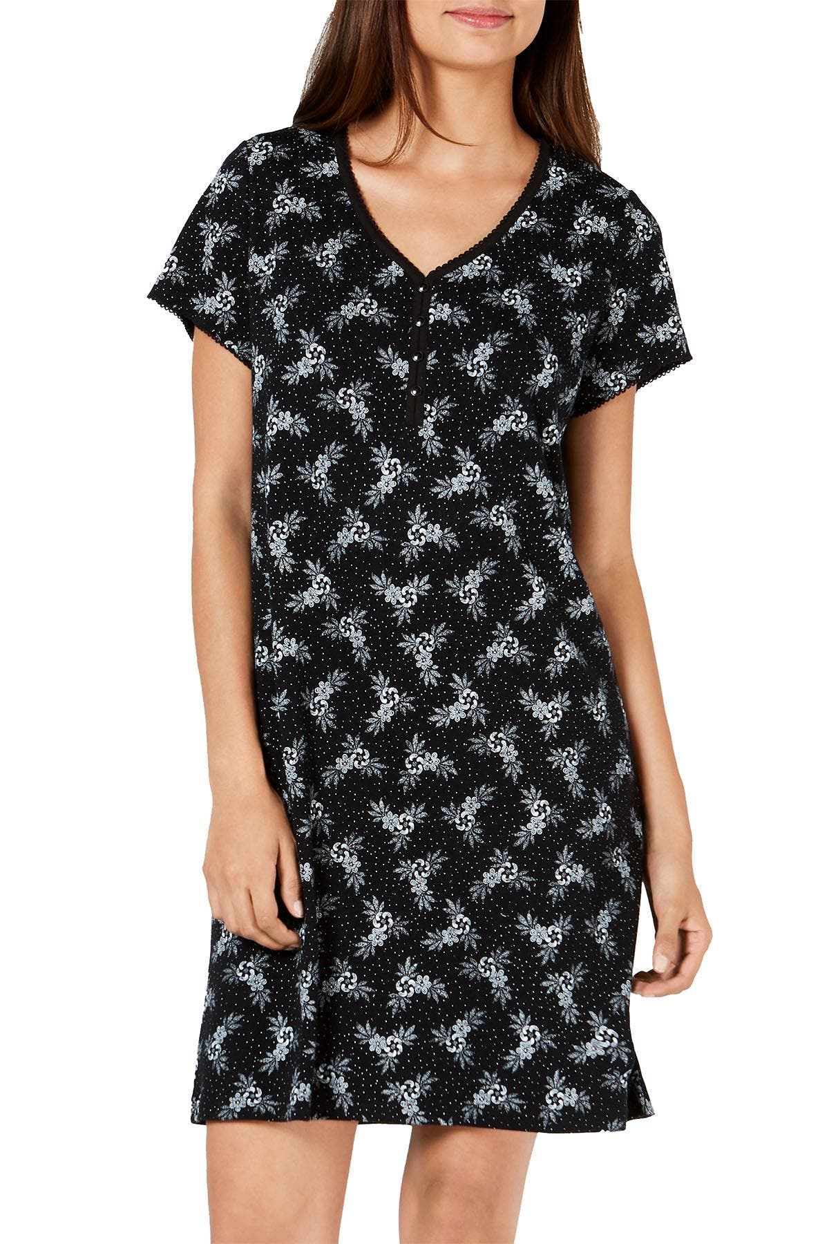Charter Club Intimates Black Celestial Floral Printed Knit Sleepshirt