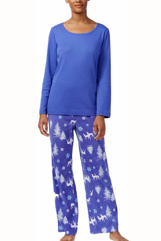 Charter Club Intimates Blue Forest Friends 2-Piece Long Sleeve Tee & Fleece Pajama Pant Set