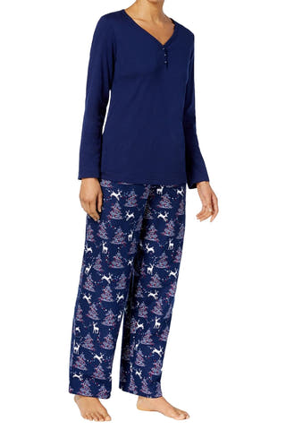 Charter Club Intimates Blue-Reindeer Flannel Mix-It Top and Printed Pant Pajama Set
