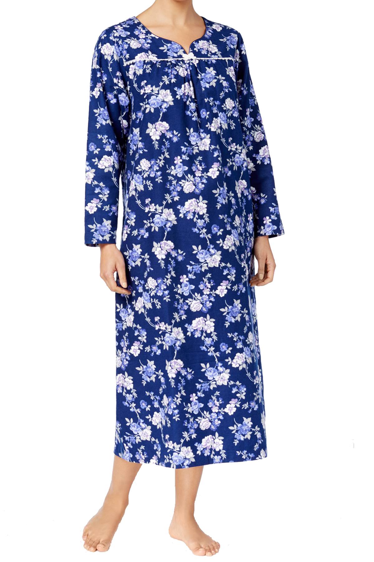 Charter Club Intimates Blue Rose-Garden Floral Flannel Lace-Trim Nightgown