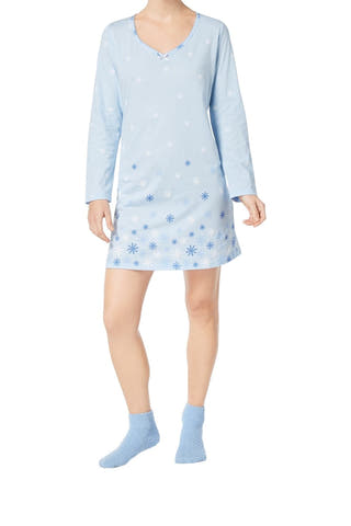 Charter Club Intimates Blue Snowflake Graphic-Print Cotton Sleepshirt With Matching Socks