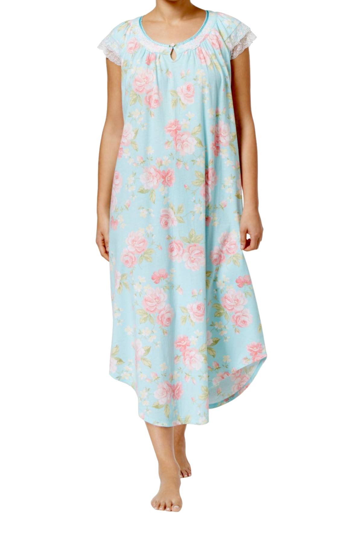 Charter Club Intimates Collection Aqua/Floral-Printed Lace-Trim Cotton Nightgown