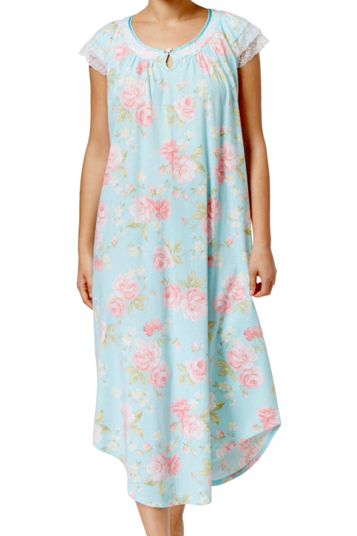 Charter Club Intimates Collection Aqua/Floral-Printed Lace-Trim Cotton Nightgown