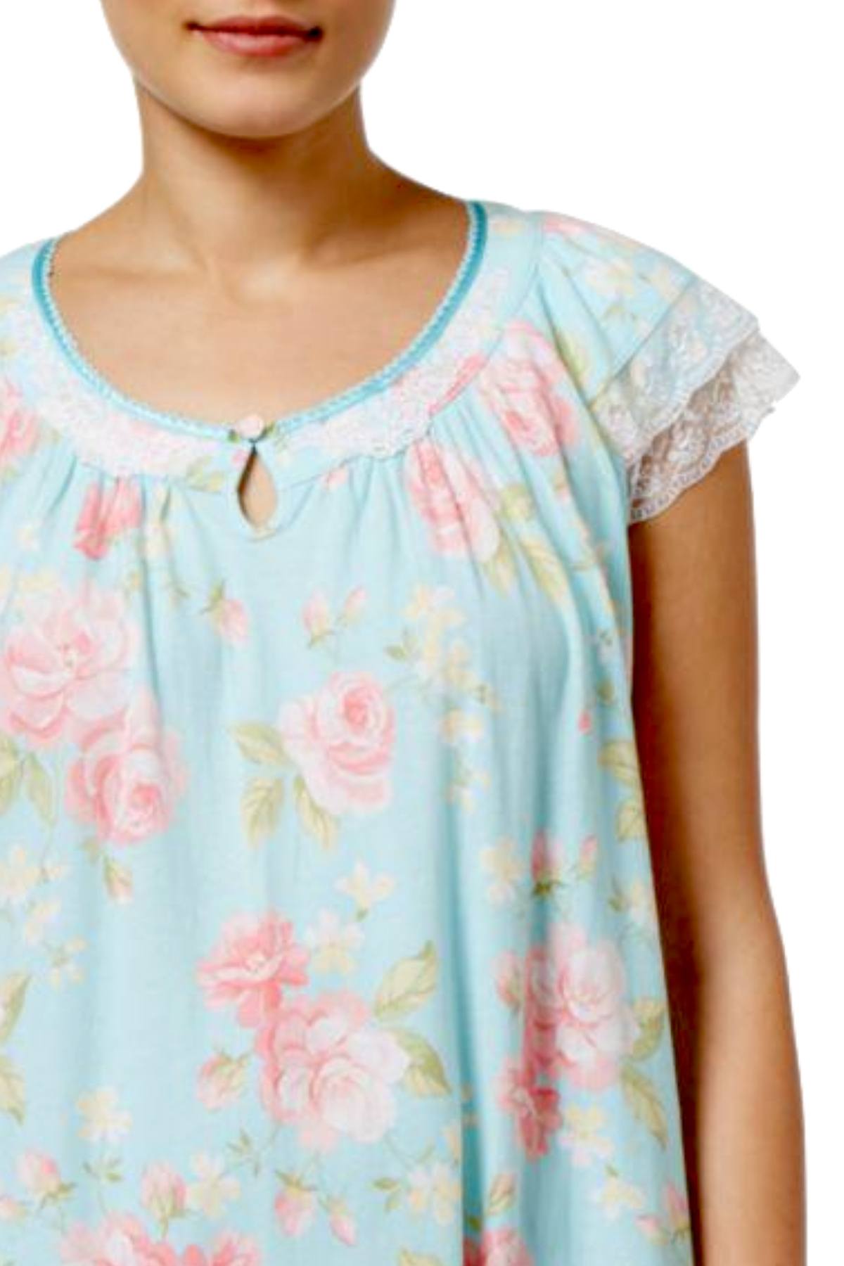 Charter Club Intimates Collection Aqua/Floral-Printed Lace-Trim Cotton Nightgown