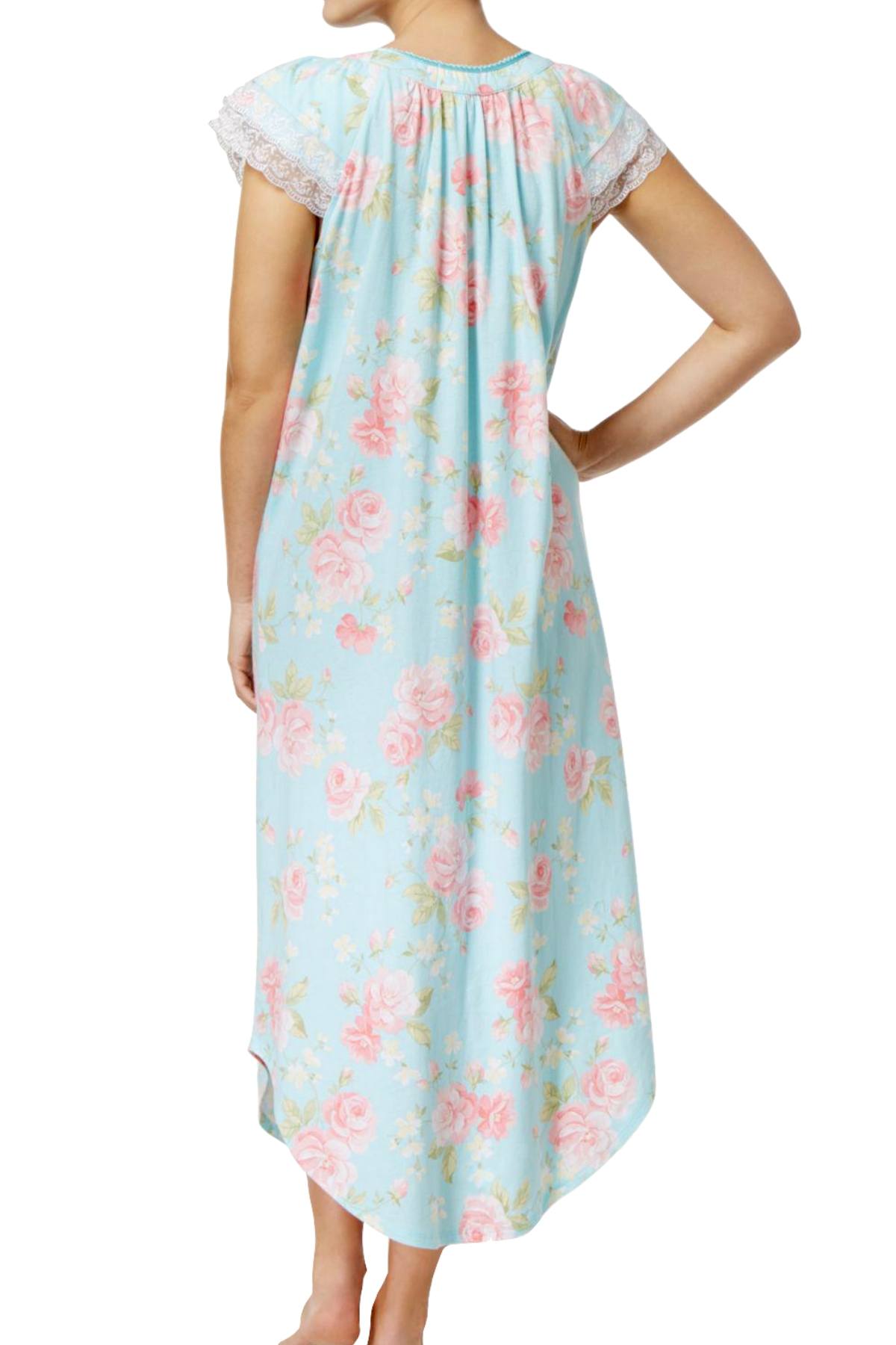 Charter Club Intimates Collection Aqua/Floral-Printed Lace-Trim Cotton Nightgown