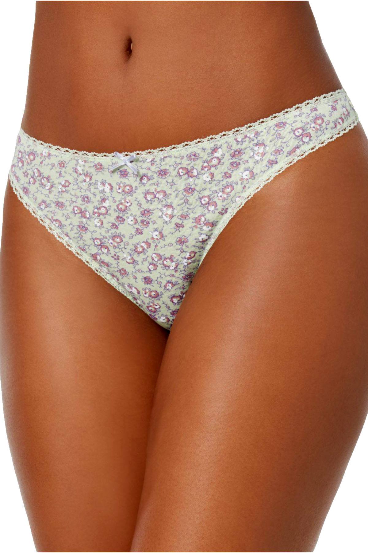 Charter Club Intimates Green Small-Floral Printed Pretty Cotton Thong
