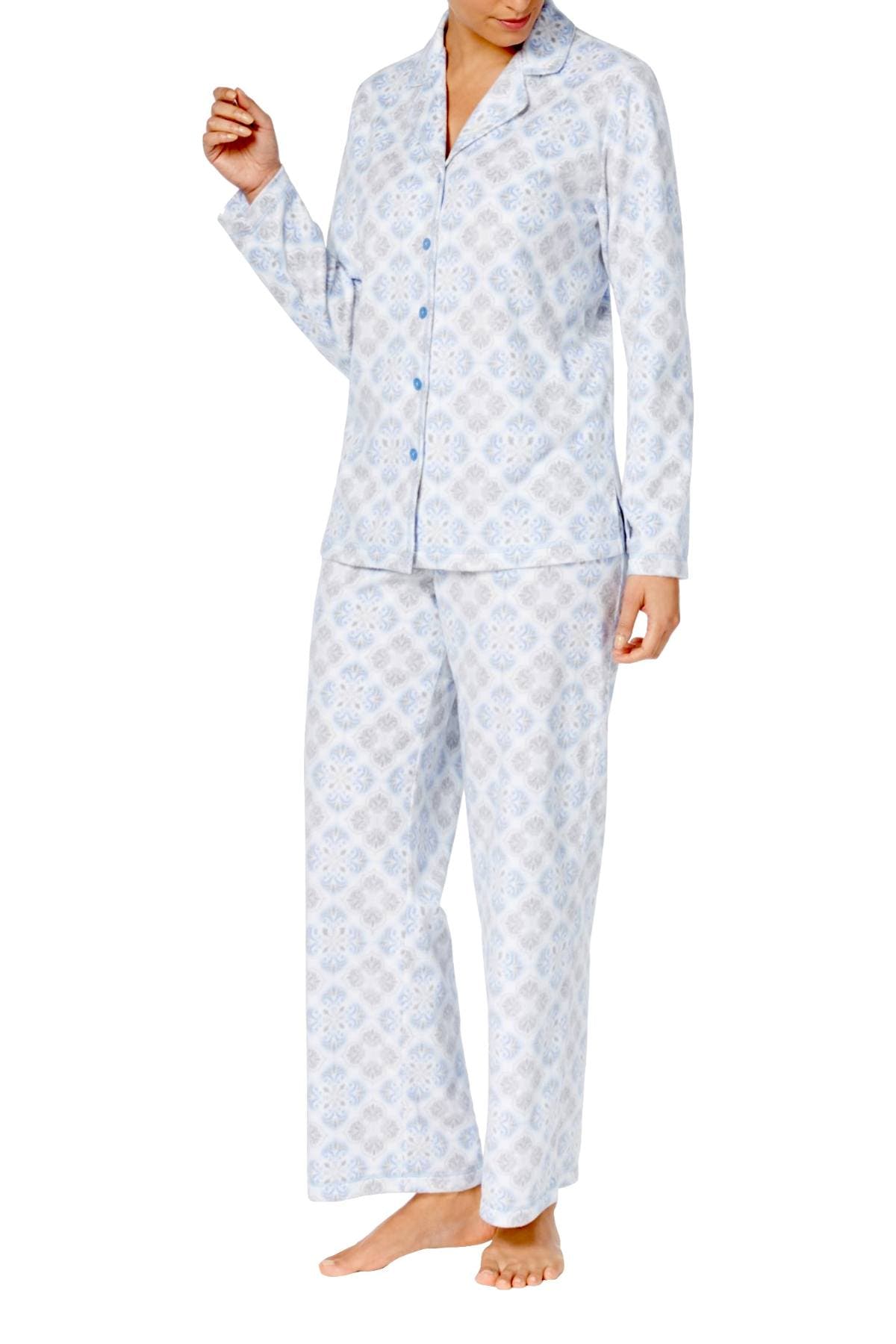 Charter Club Intimates Grey/Blue Tile-Printed Fleece Pajama Set