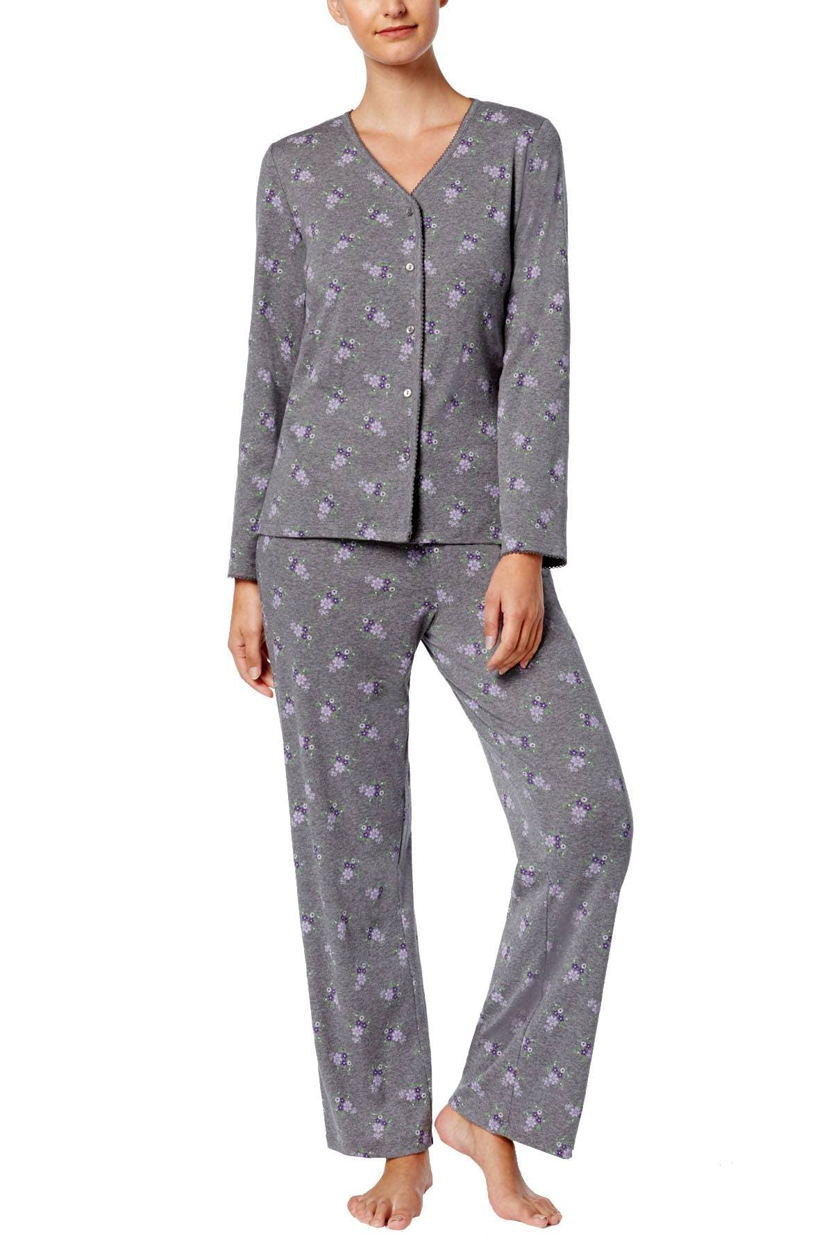 Charter Club Intimates Grey Lace-Floral Printed 2pc Pajama Set