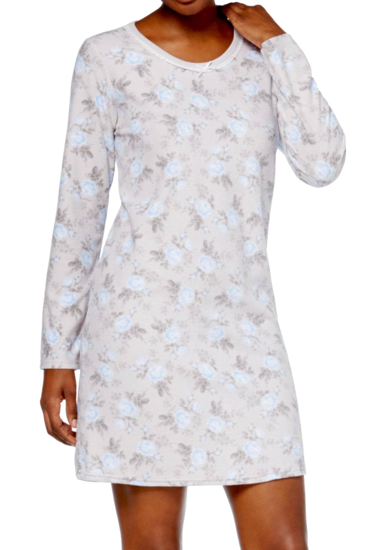 Charter Club Intimates Grey Rose-Floral Printed Thermal Fleece Sleepshirt