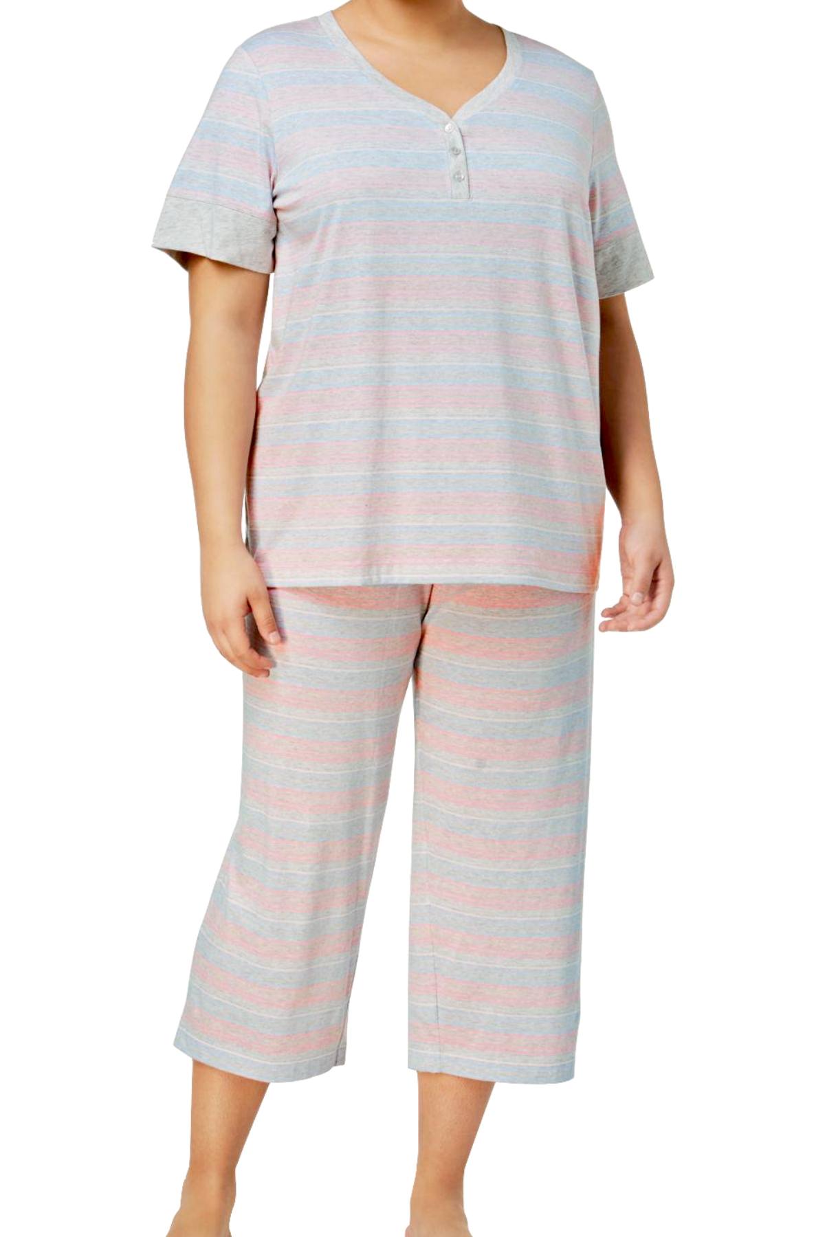 Charter Club Intimates Grey Variegated-Stripe Banded Cotton Pajama Set