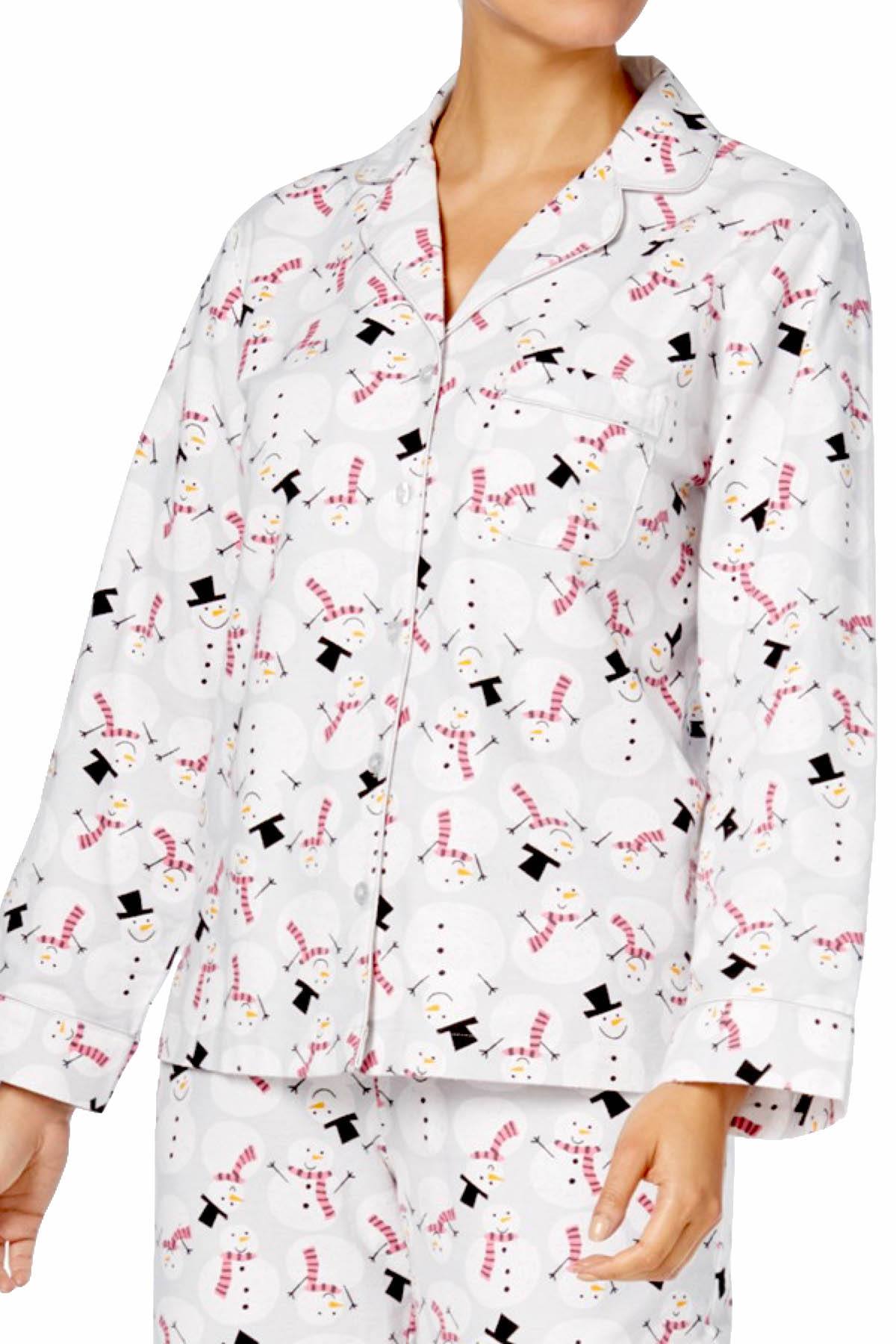 Charter Club Intimates Happy-Snowman Printed Cotton/Flannel Pajama Set
