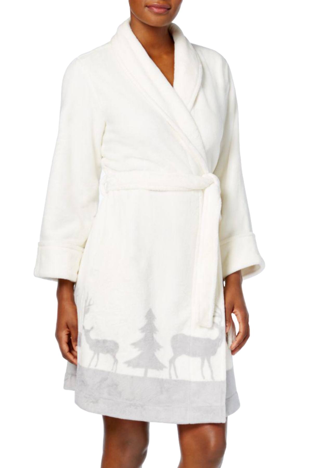 Charter Club Intimates Ivory/Grey Deer-Printed Border Short Robe.