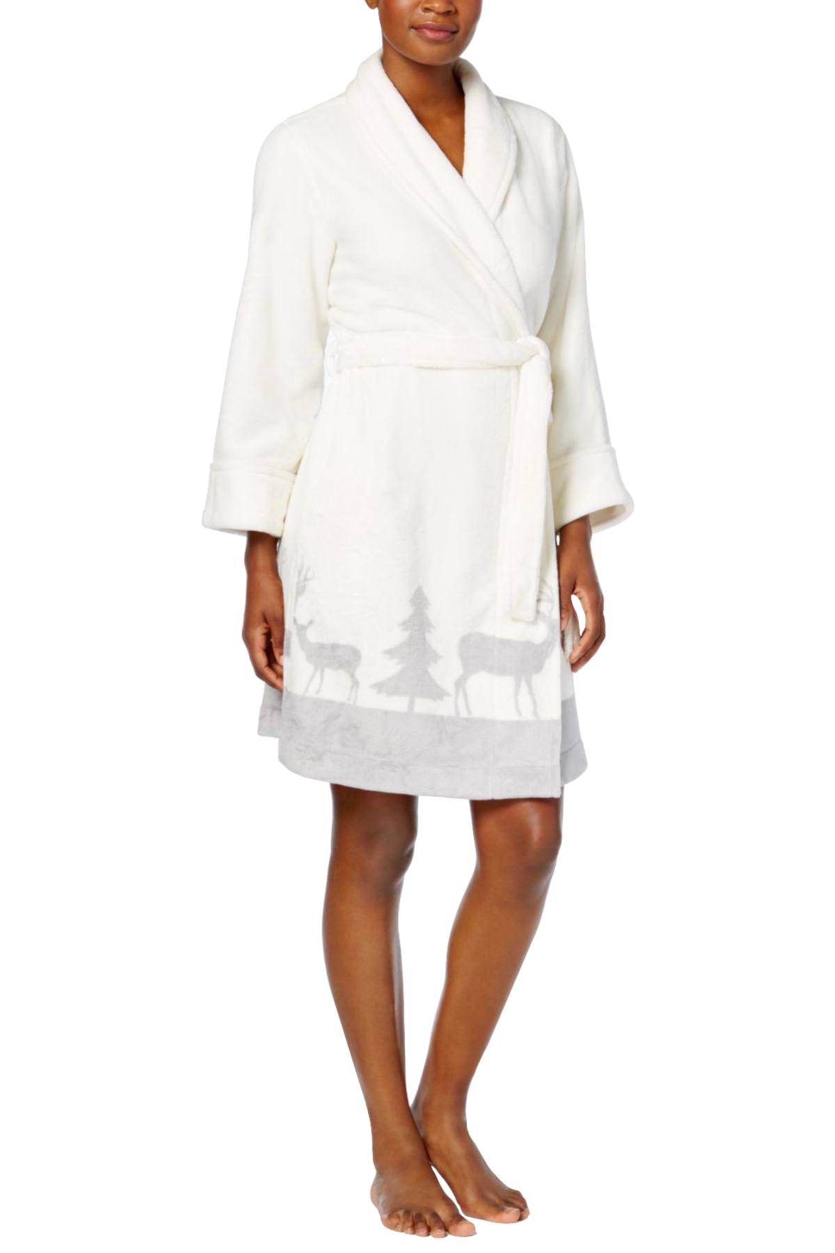 Charter Club Intimates Ivory/Grey Deer-Printed Border Short Robe.