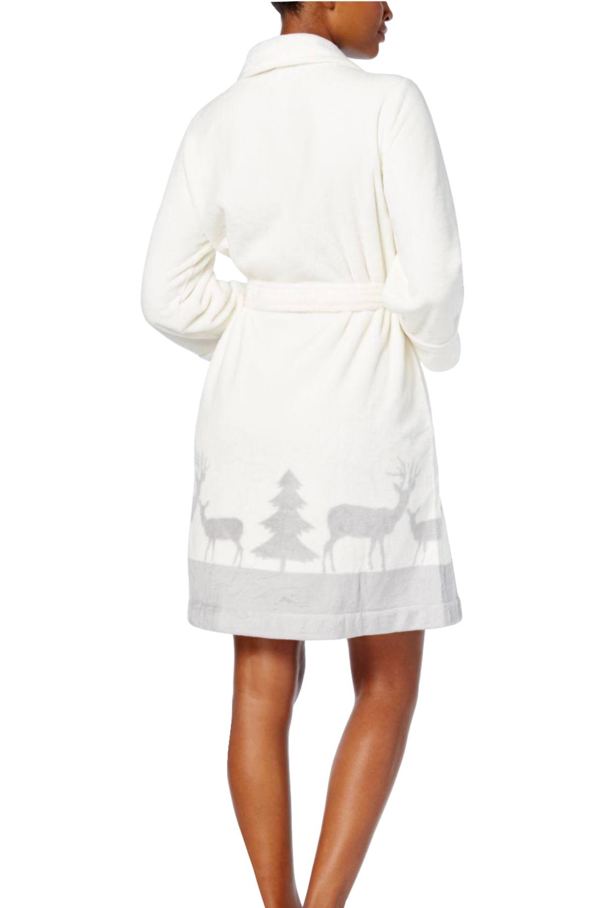 Charter Club Intimates Ivory/Grey Deer-Printed Border Short Robe.