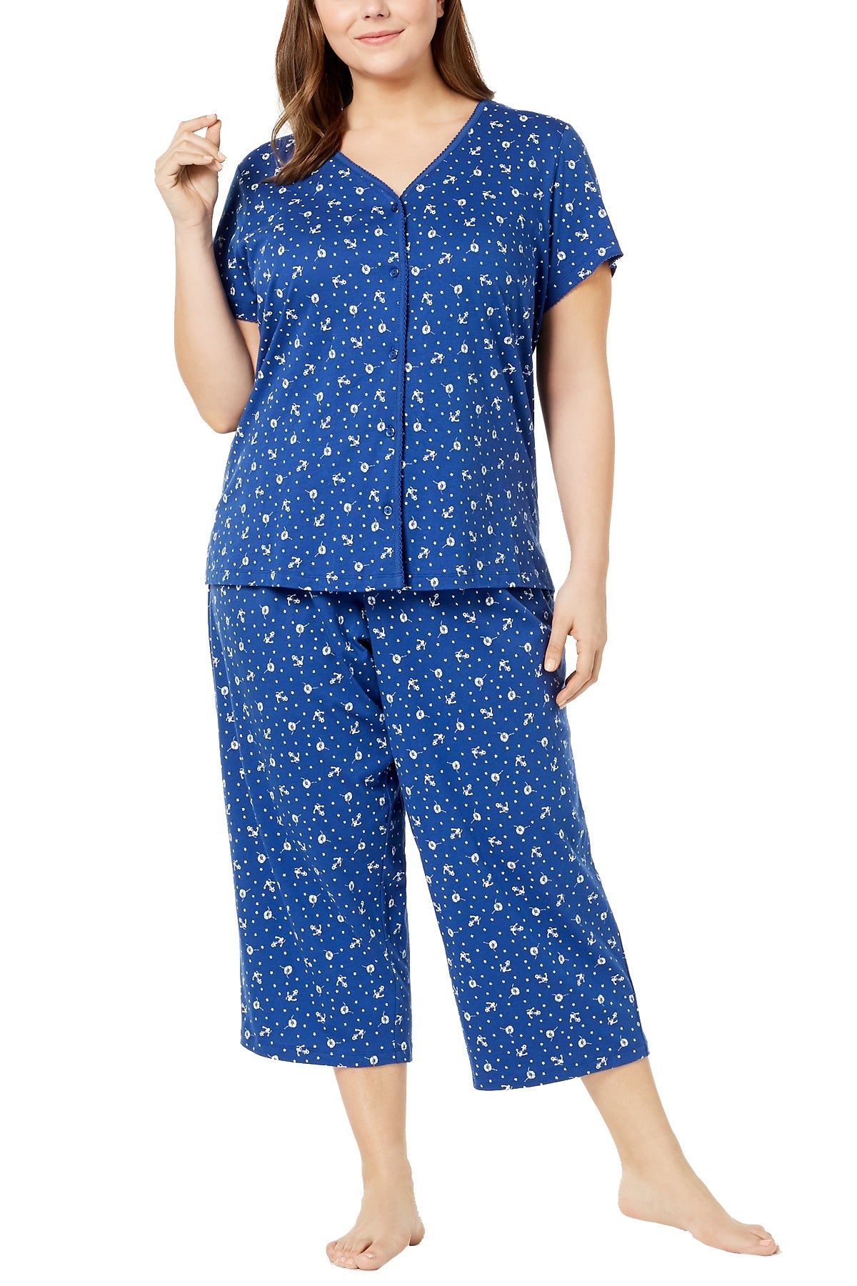 Charter Club Intimates PLUS Anchors-Away Printed Picot-Trim Pajama Set