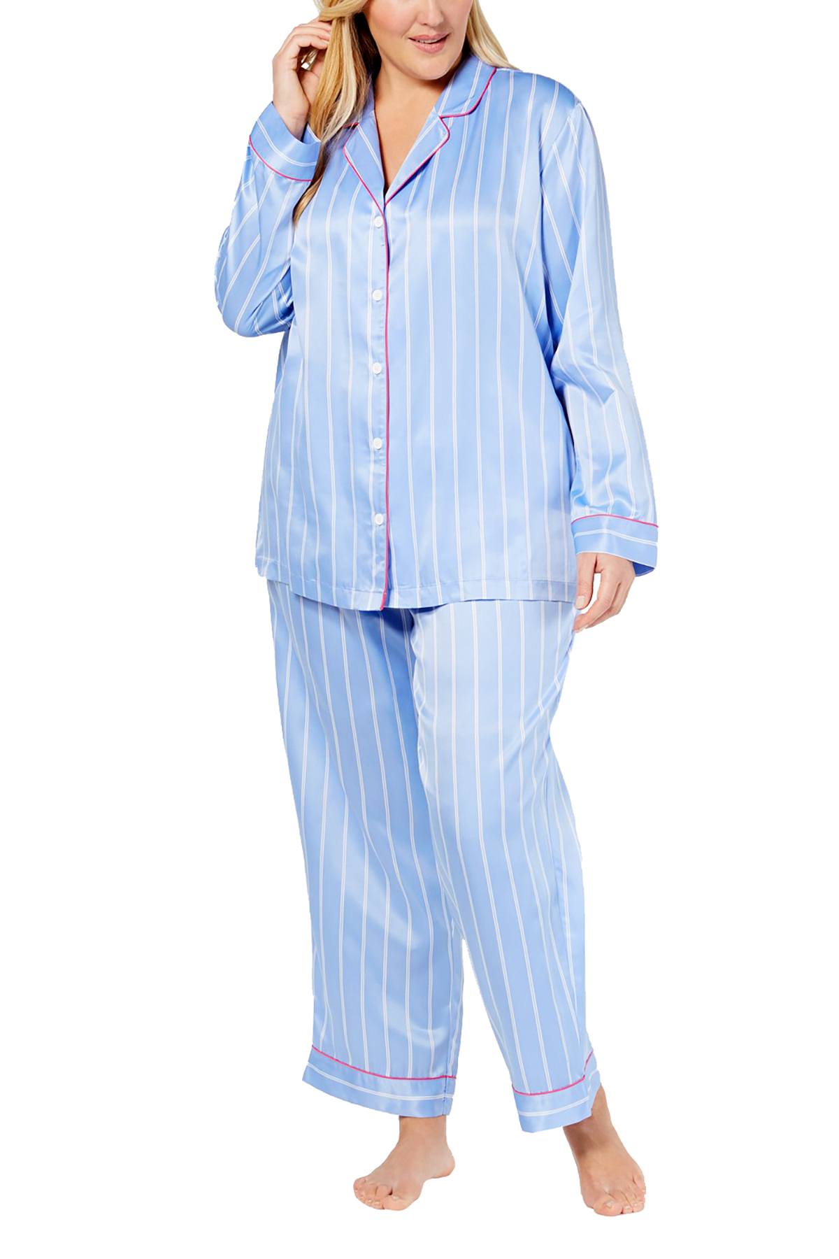 Charter Club Intimates PLUS Blue Dobby-Stripe Satin Pajama Set