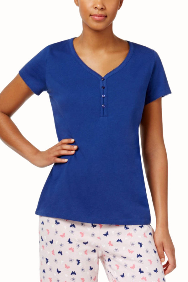 Charter Club Intimates PLUS Butterfly-Blue V-Neck Short-Sleeve Henley Lounge Tee