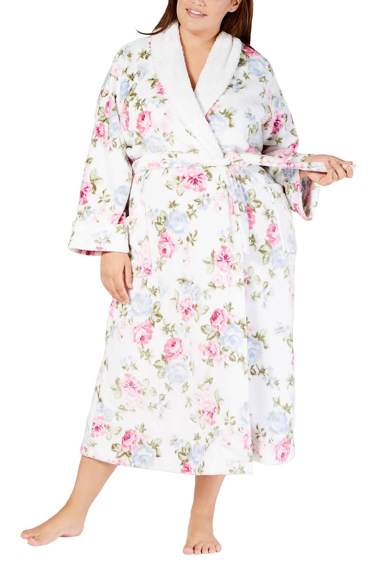 Charter Club Intimates PLUS White-Blossom Long Floral-Print Wrap Robe