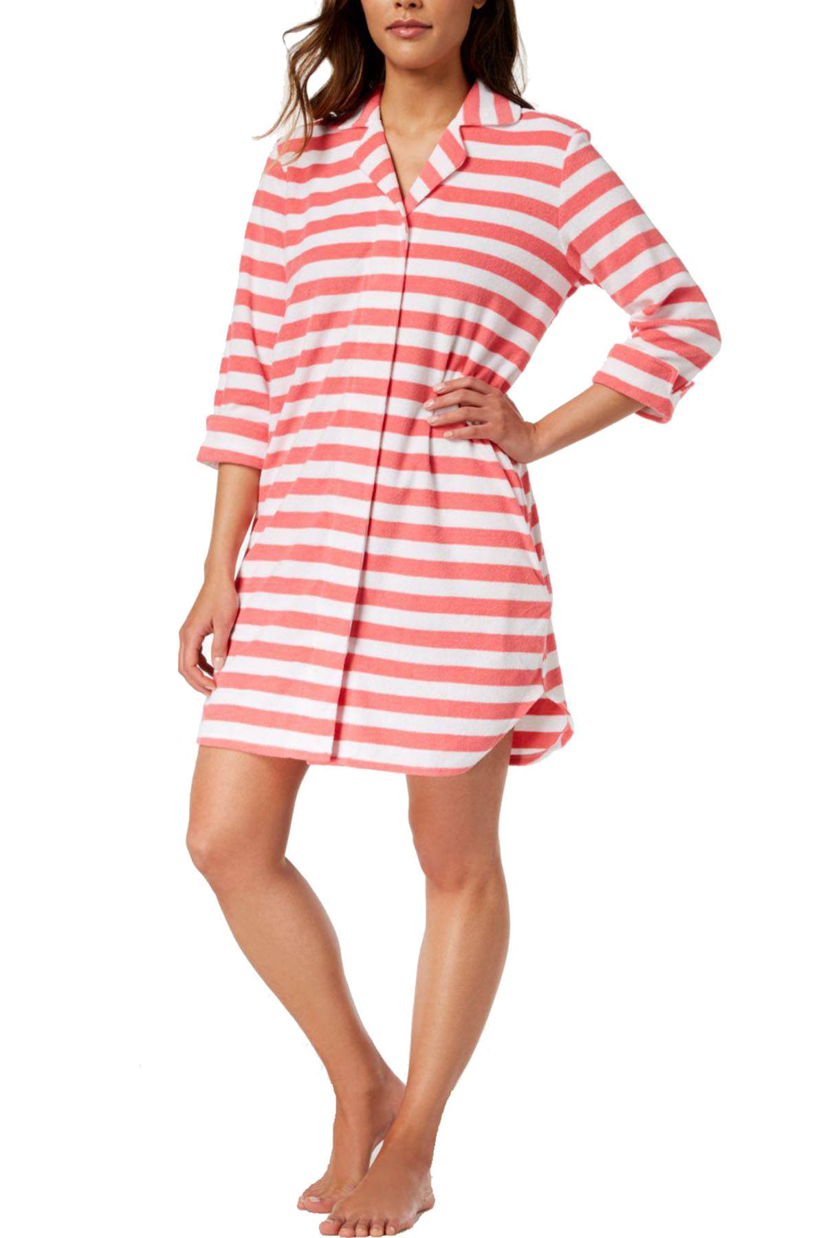 Charter Club Intimates Pink Bar-Stripe Snap-Front Terry Robe