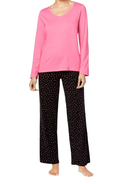 Charter Club Intimates Pink/Black Multi-Dots Top & Printed Pant Pajama Set