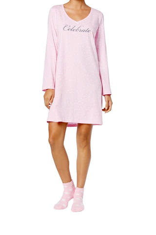 Charter Club Intimates Pink Celebrate Graphic-Print Cotton Sleepshirt With Matching Socks
