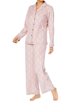 Charter Club Intimates Pink/Grey Garland-Scroll Printed Fleece Pajama Set thumbnail 1