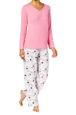 Charter Club Intimates Pink/Grey Happy-Snowman Flannel Mix-It 2-Pc PJ Set