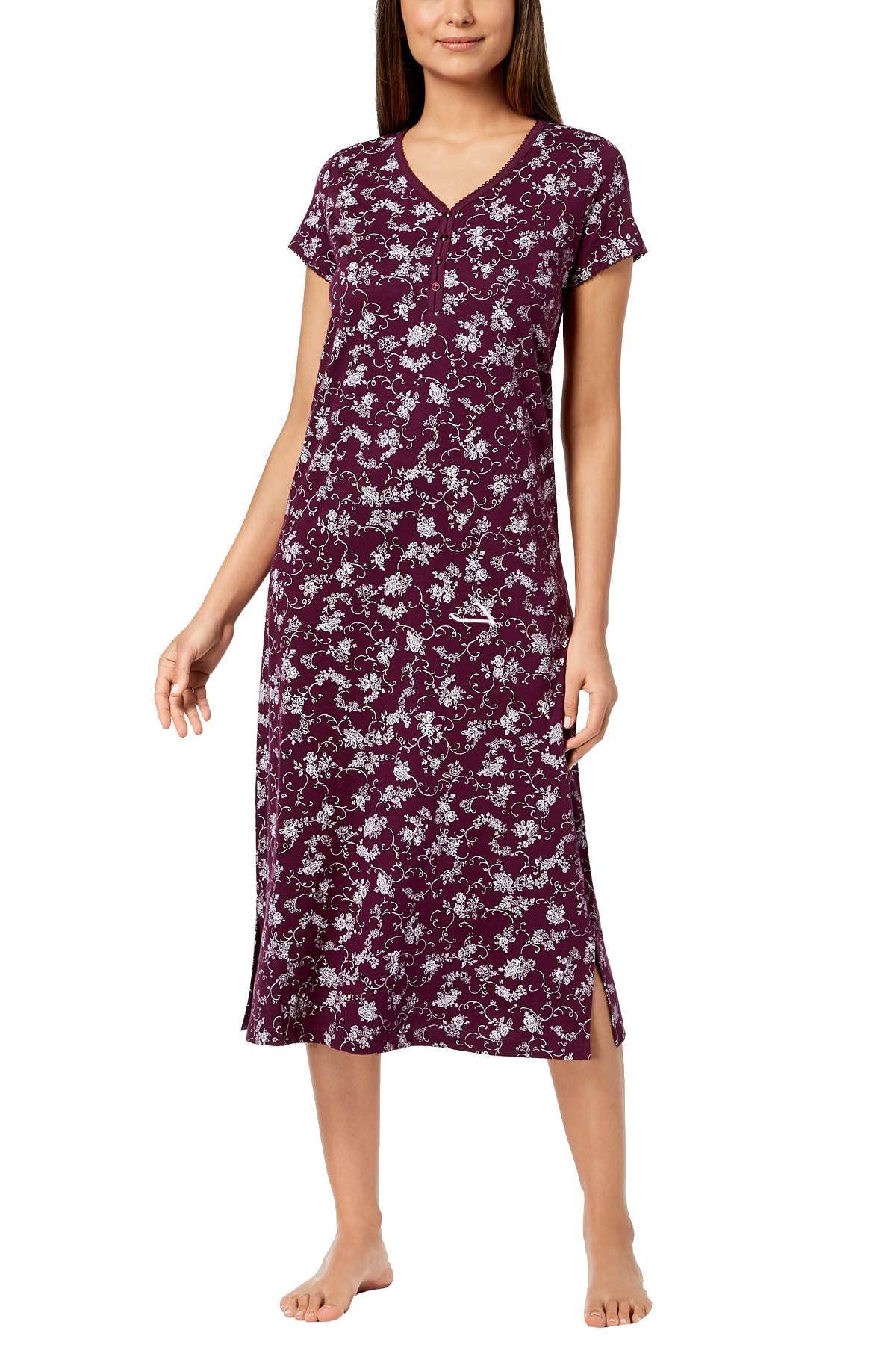 Charter Club Intimates Plum-Sherry Rose Print Picot Trim Nightgown